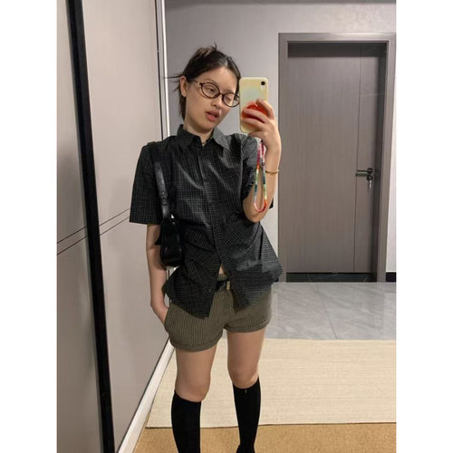 Last danse 美式复古格子衬衫女短袖夏正肩显瘦辣妹BM风格纹上衣