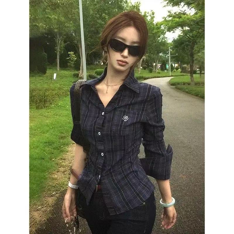 Last danse 复古格子衬衫女短袖夏修身收腰正肩显瘦辣妹格纹上衣