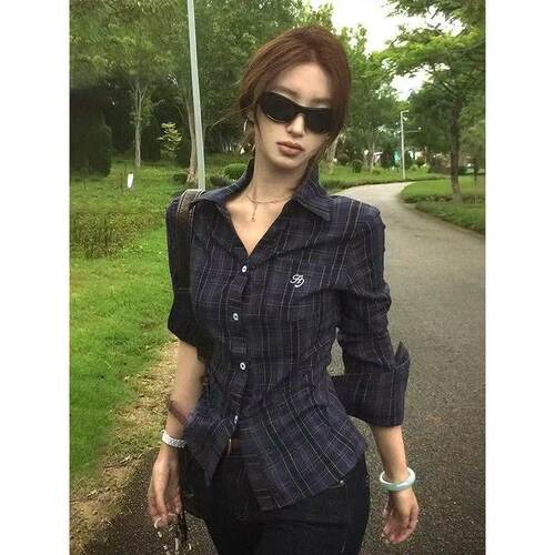 Last danse 复古格子衬衫女短袖夏修身收腰正肩显瘦辣妹格纹上衣