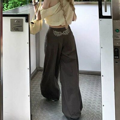 Last danse美式速干伞兵裤女夏薄款复古辣妹低腰翅膀刺绣工装裤