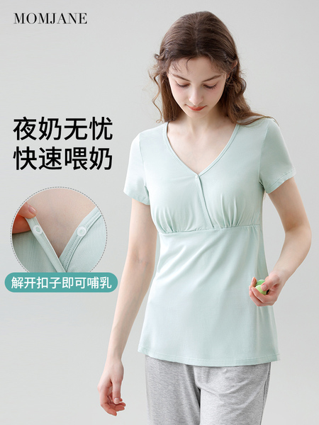哺乳短袖t恤睡衣上衣兰精天丝莫代尔喂奶夏季薄款月子带胸垫半袖