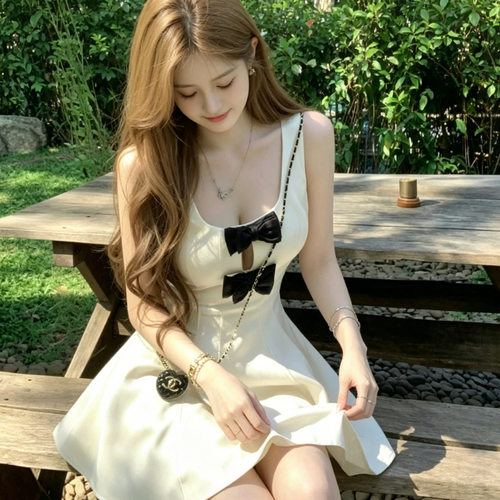 千金风蝴蝶结镂空吊带连衣裙女夏白色A字裙显瘦修身气质小礼服裙