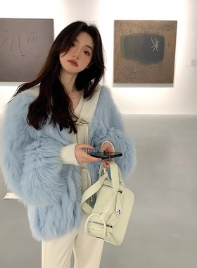 美拉德温柔风气质减龄拼接连帽毛毛外套女秋冬新款毛毛外套22880#