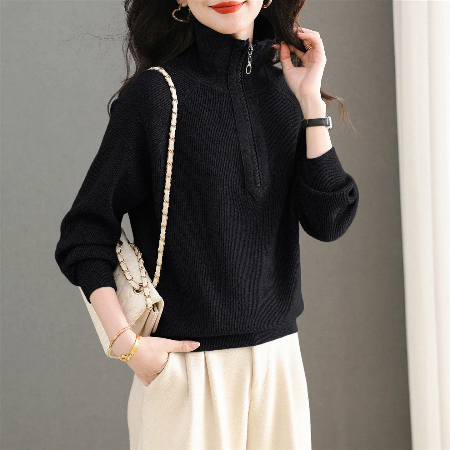 黑色新款立领半拉链长袖针织打底衫女宽松休闲polo领上衣大码毛衣
