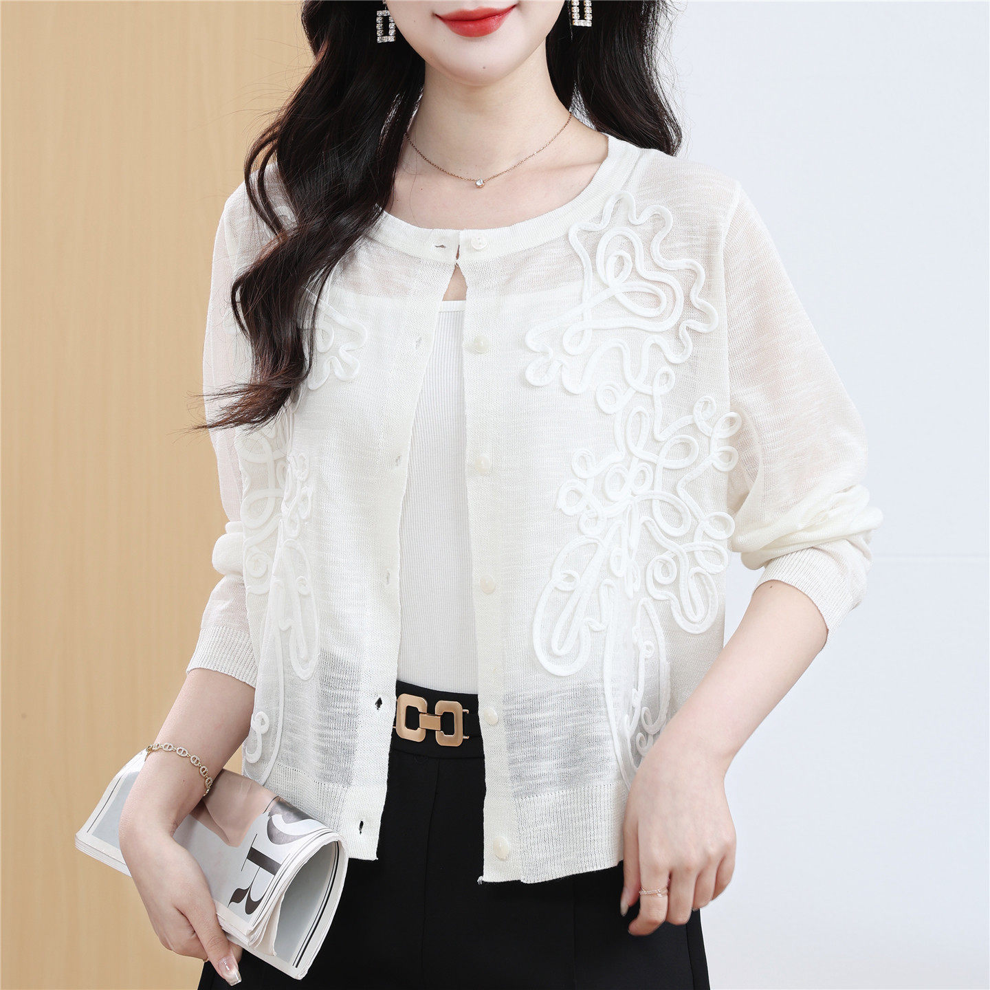 白色蕾丝薄款针织开衫女配旗袍裙子披肩冰丝长袖防晒外套短款上衣