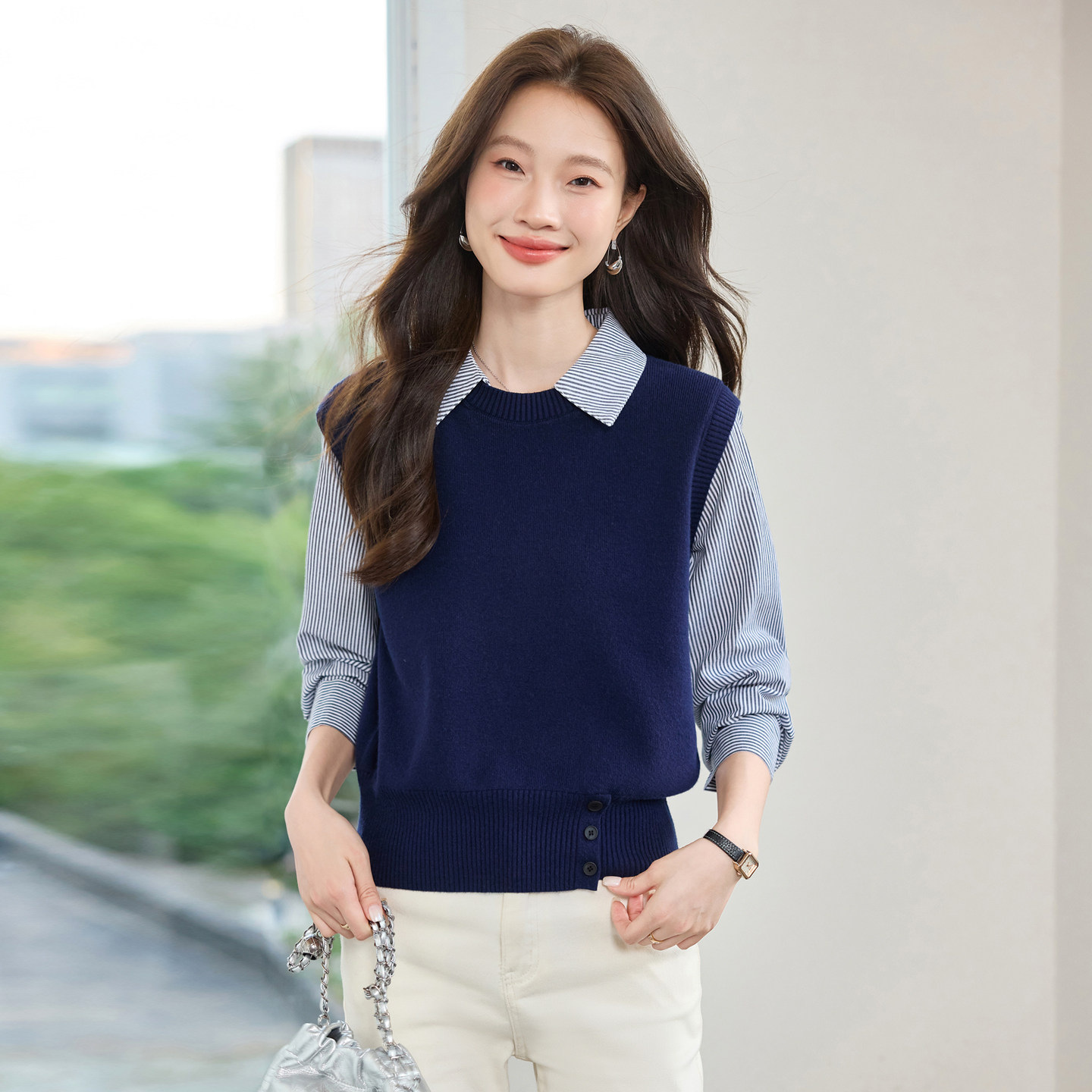 假两件条纹衬衫拼接针织上衣女春秋爆款休闲百搭高级感叠穿上衣潮