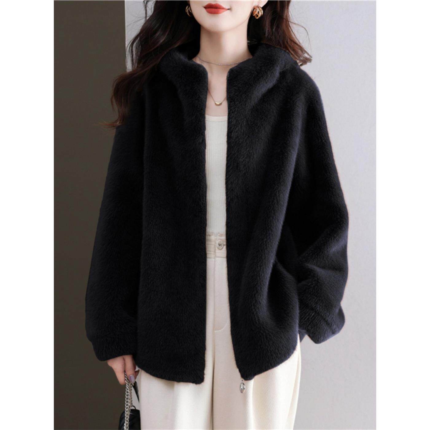 黑色连帽彷水貂貂毛绒皮毛一体环保皮草外套女2024冬季厚毛毛大衣