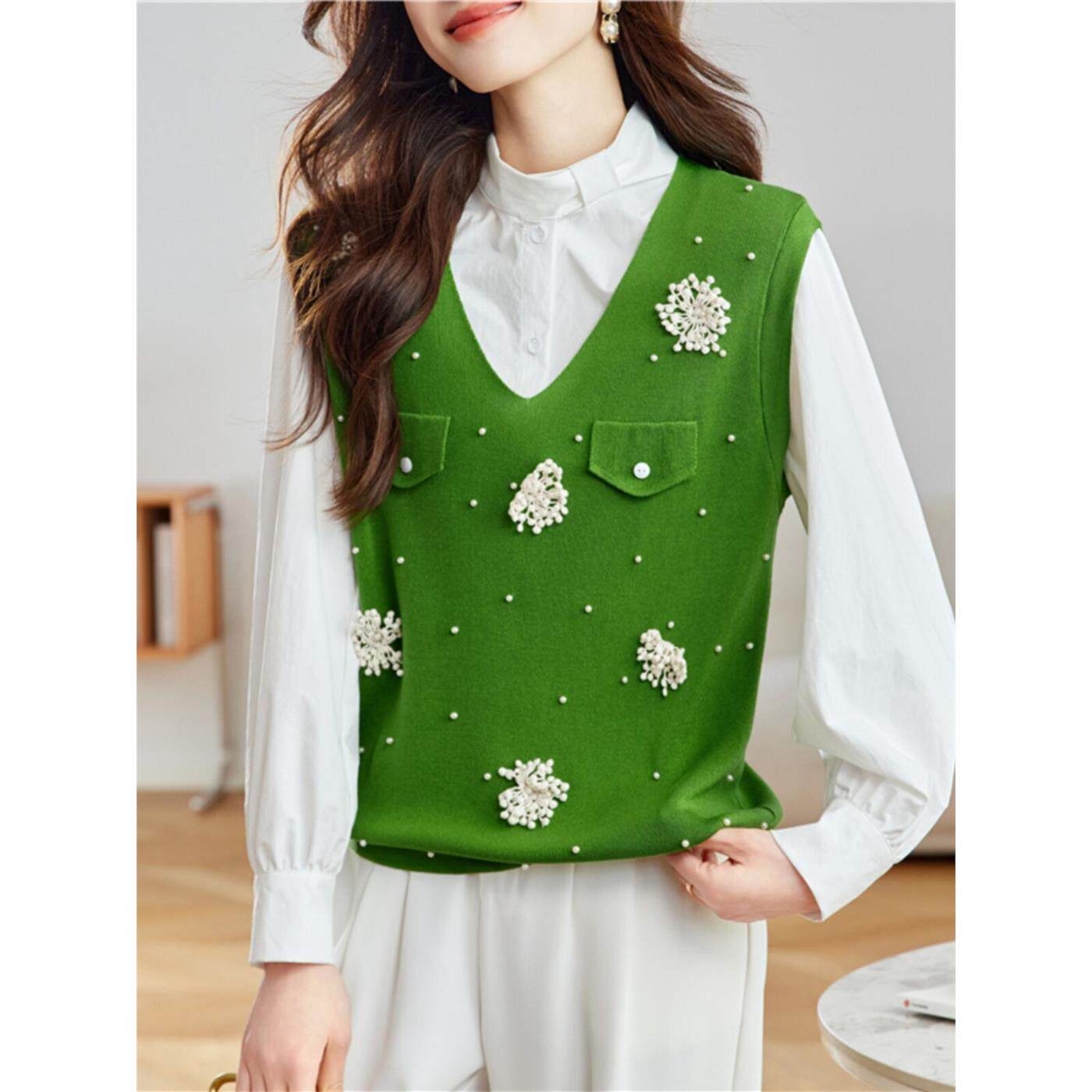 绿色立体花针织无袖马甲女新款韩版宽松大码慵懒V领宽松背心马夹