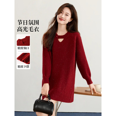 2025新款秋冬加厚亮丝中长款遮屁股针织衫女小个子爆款宽松毛衣裙