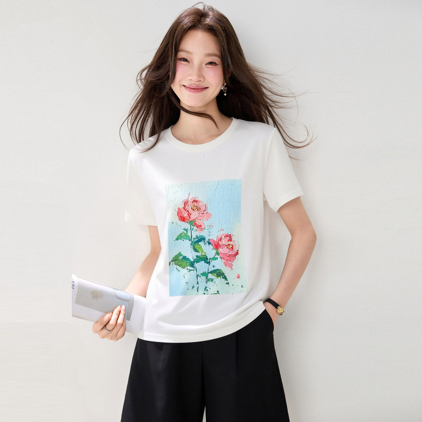 印花短袖百搭T恤女夏季2026新款白色圆领百搭显瘦洋派小个子上衣