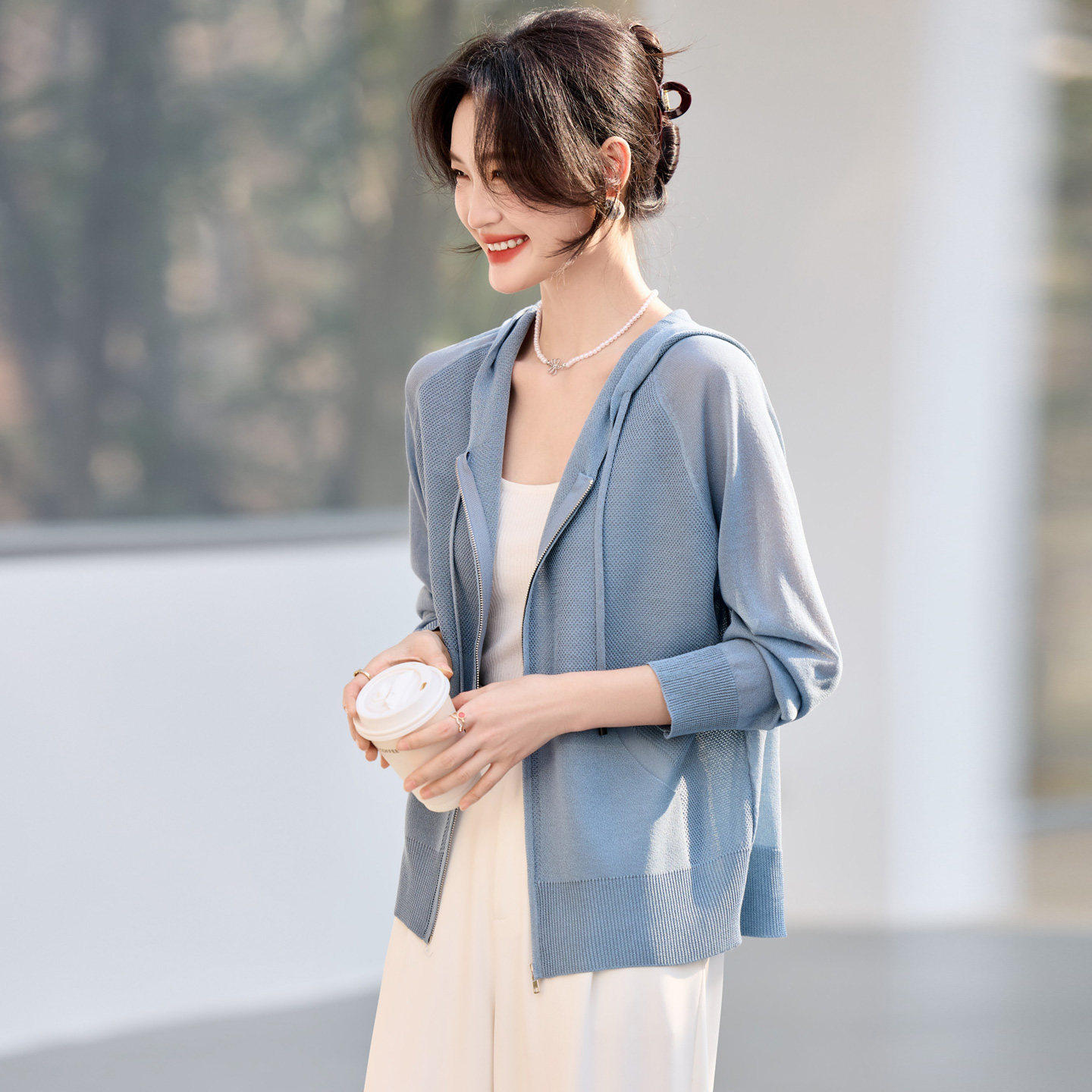 连帽冰丝针织开衫女2026春夏季新款长袖防晒衣宽松上衣薄款空调衫