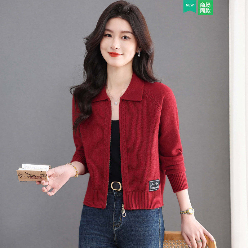 小个子短款针织开衫女春秋季双拉链时尚羊毛外搭高腰翻领毛衣外套