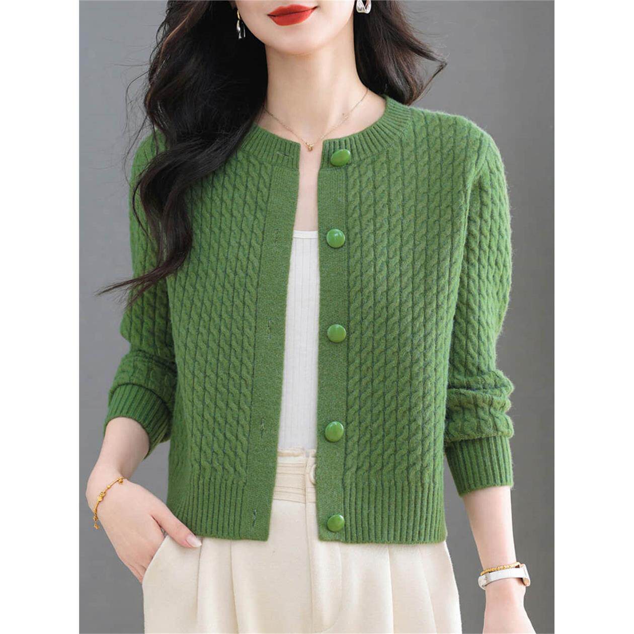 小款针织开衫女装2025年春秋外搭时尚高腰短款小香风麻花毛衣外套