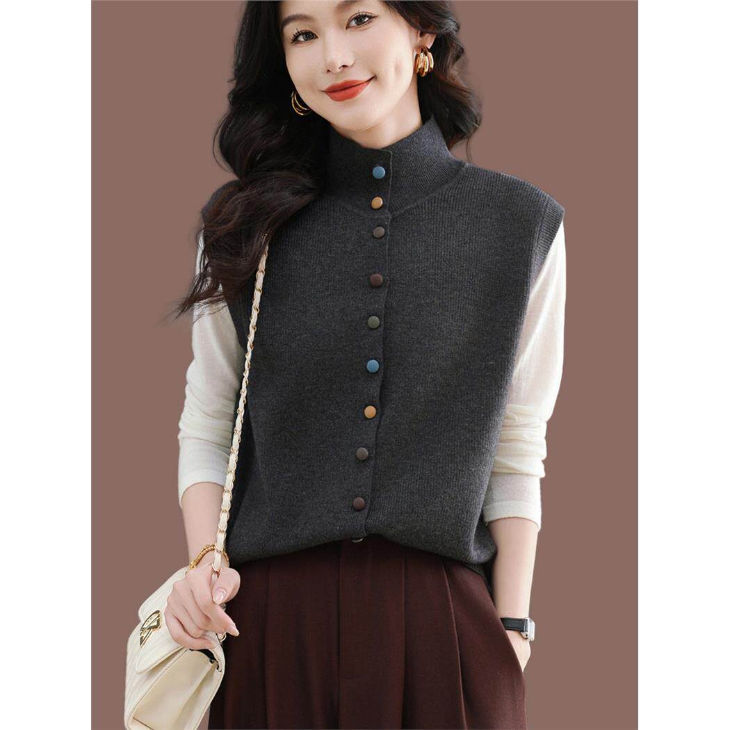 彩色糖果扣外穿叠穿毛衣背心开衫半高领翻领软糯针织小坎肩马甲女