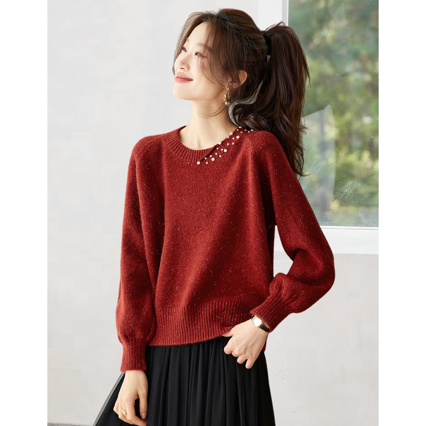 高级感本命年圆领毛衣女秋冬慵懒风洋气内搭针织衫超好看打底上衣