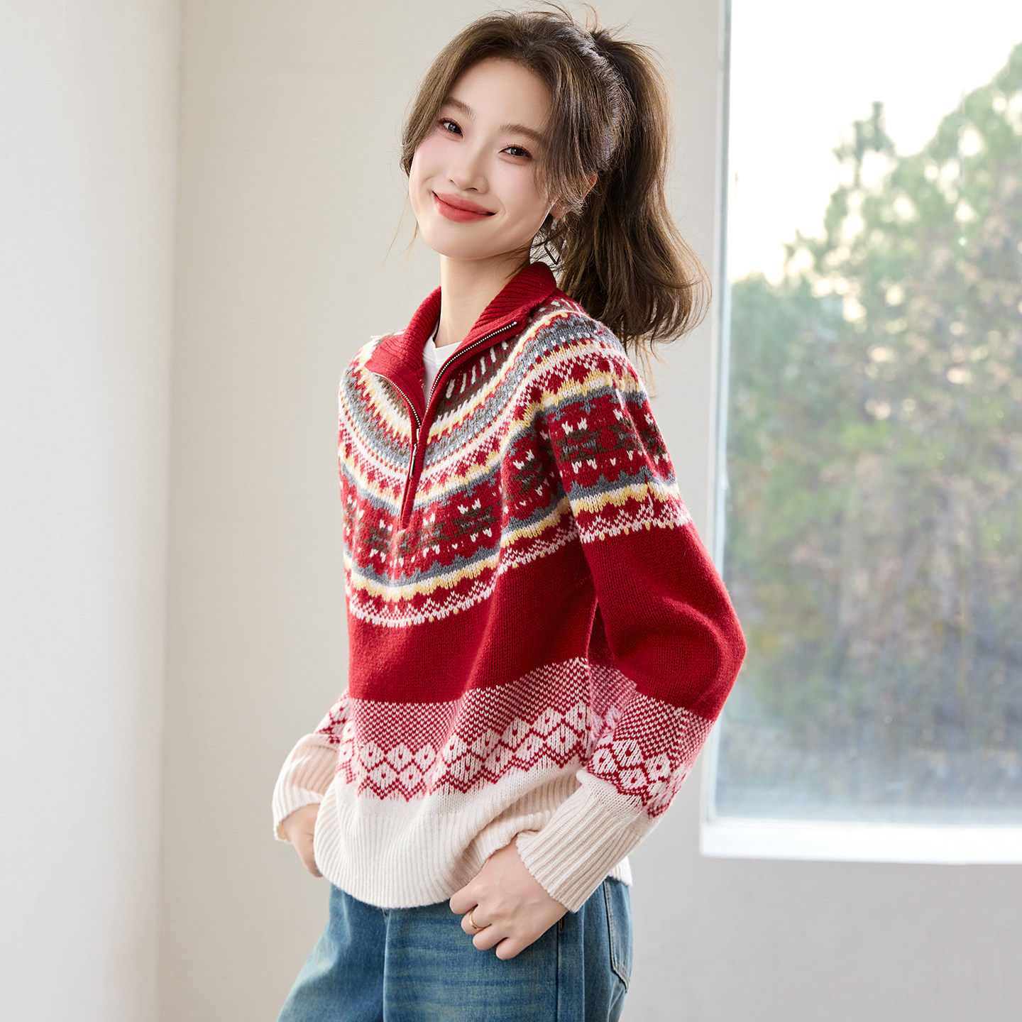圣诞氛围感红色毛衣女秋冬半拉链复古提花纯羊毛针织衫费尔岛毛衫,女装/女士精品,毛衣,淘宝优惠券,粉丝福利购,淘宝优惠卷