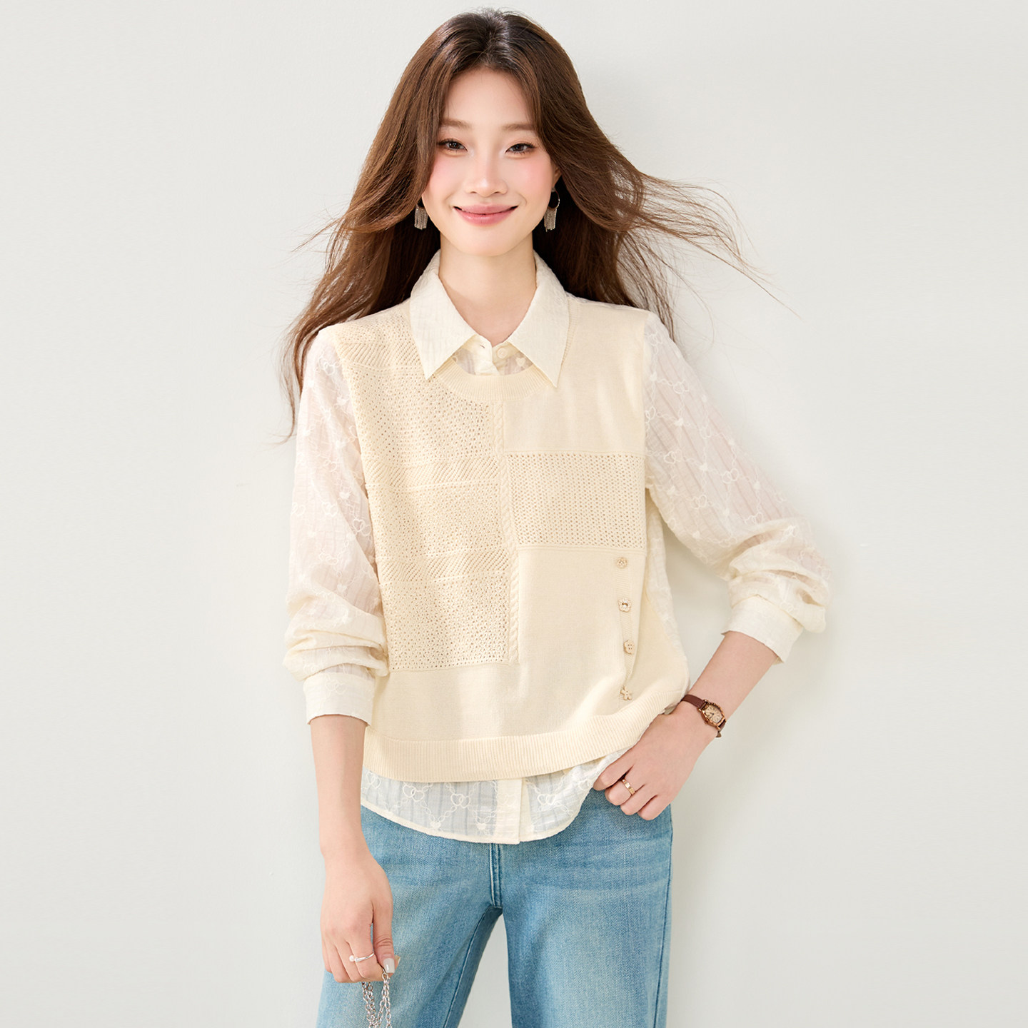 慵懒风翻领针织衫女春秋