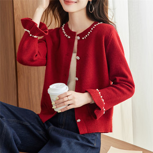 红色圆领钉珠针织开衫女短款2025春秋新款宽松荷叶袖毛衣女装外套