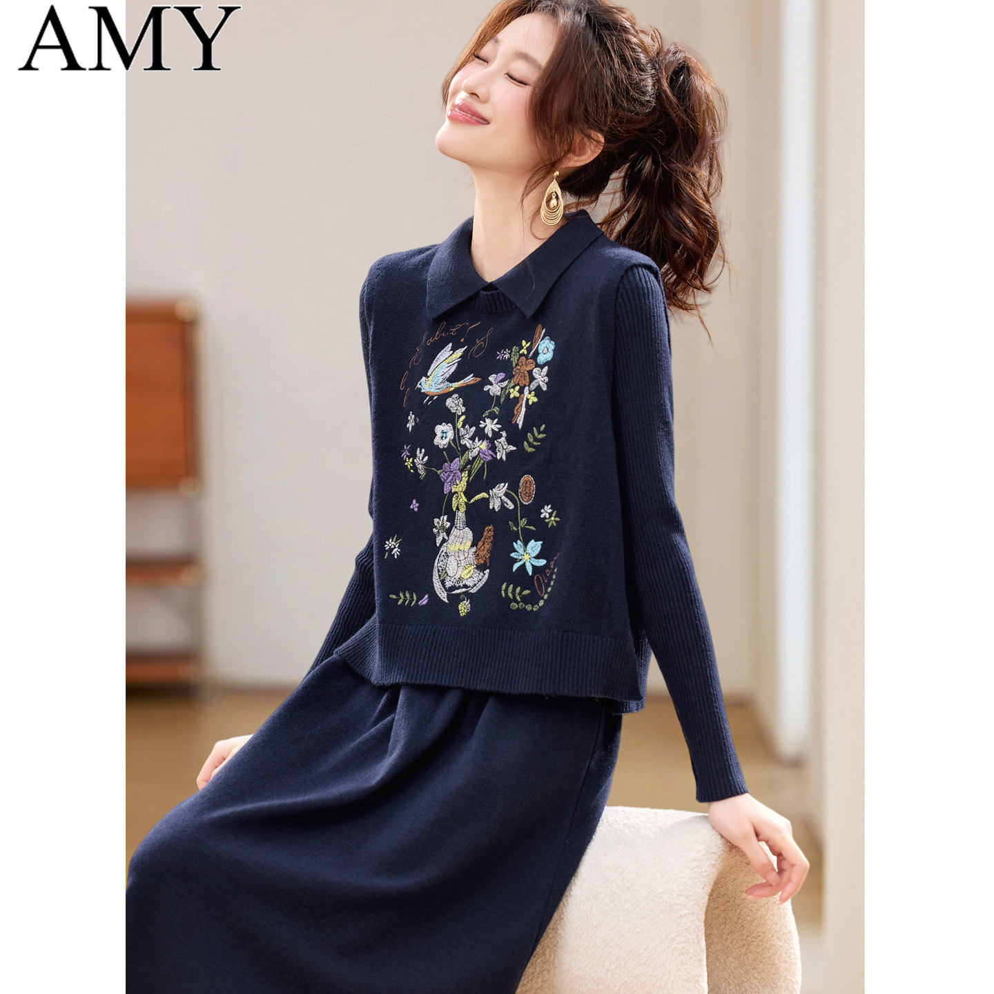 2025冬装新款针织马甲搭配显瘦针织连衣裙两件套气质时尚漂亮套装