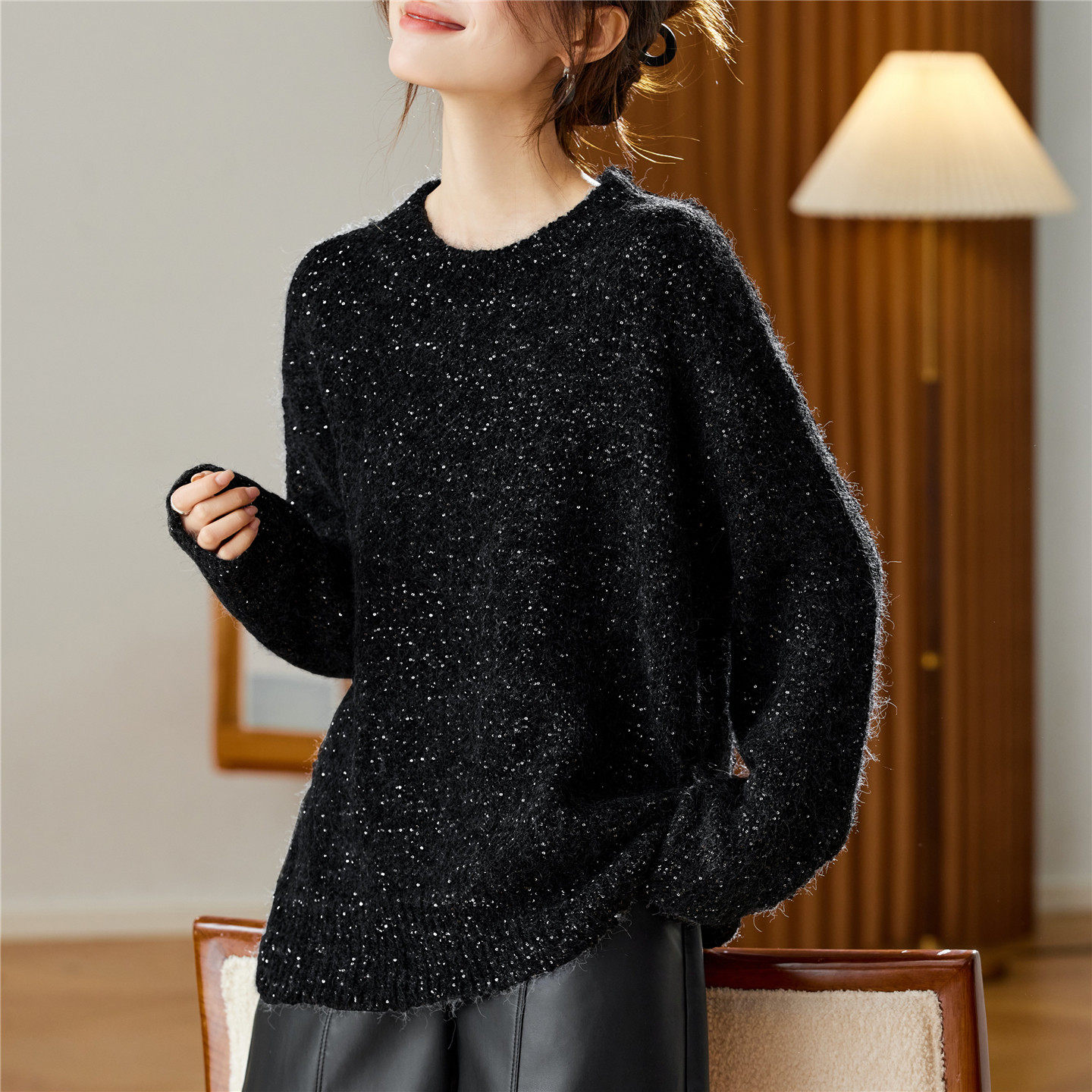 闪亮丝圆领毛衣女慵懒风2025秋冬新款大尺码针织打底衫宽松亮片上