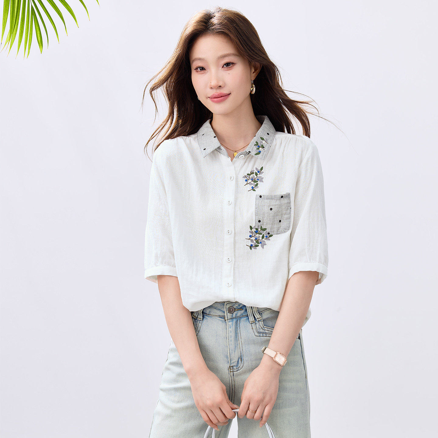 纯棉刺绣五分袖女生衬衫夏季设计感宽松休闲超火减龄内搭衬衫上衣