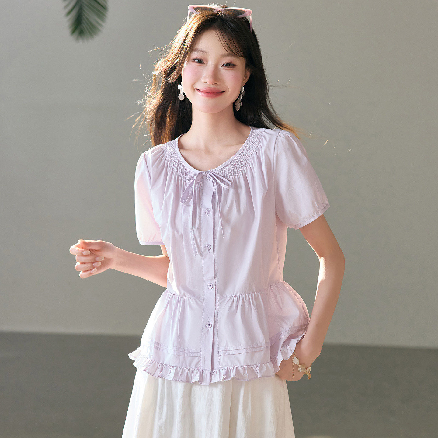 法式蝴蝶结泡泡袖t衬衫女