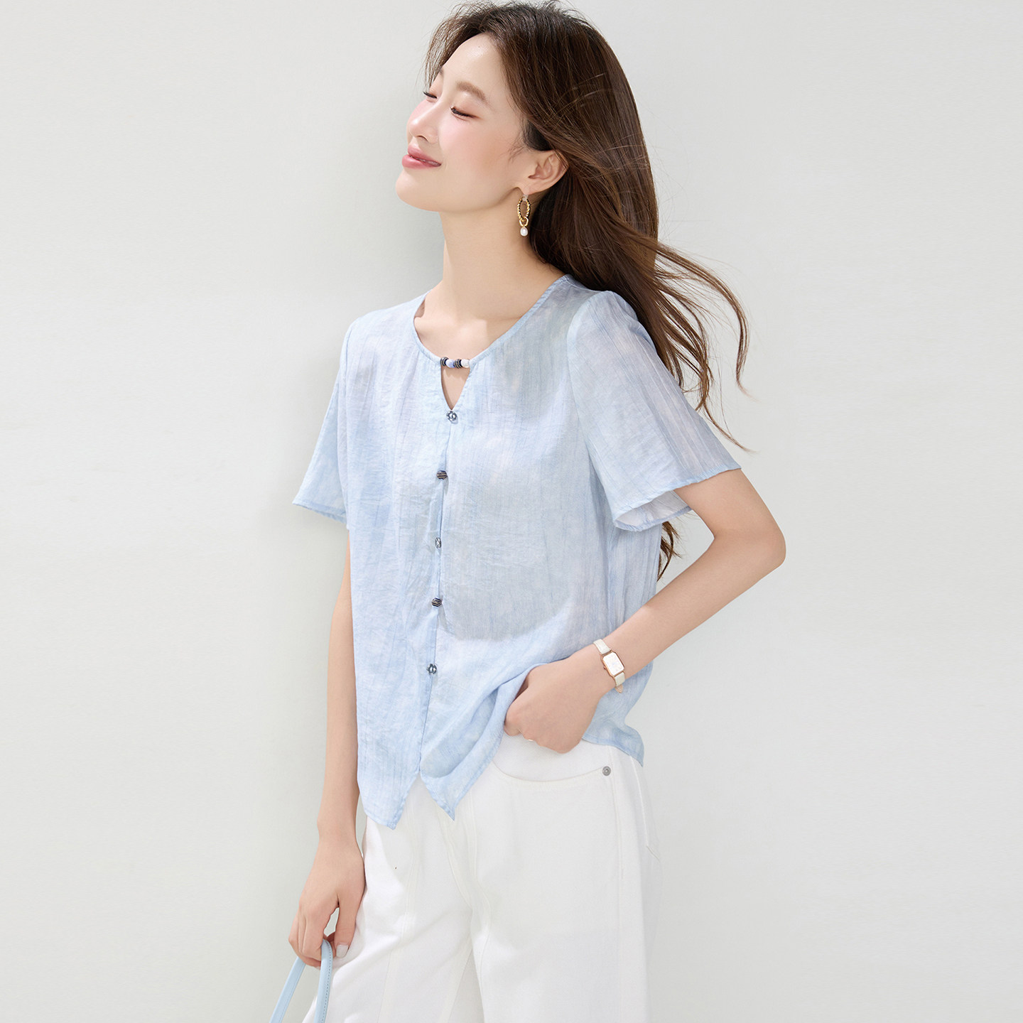 气质V领短袖衬衫女夏季浅