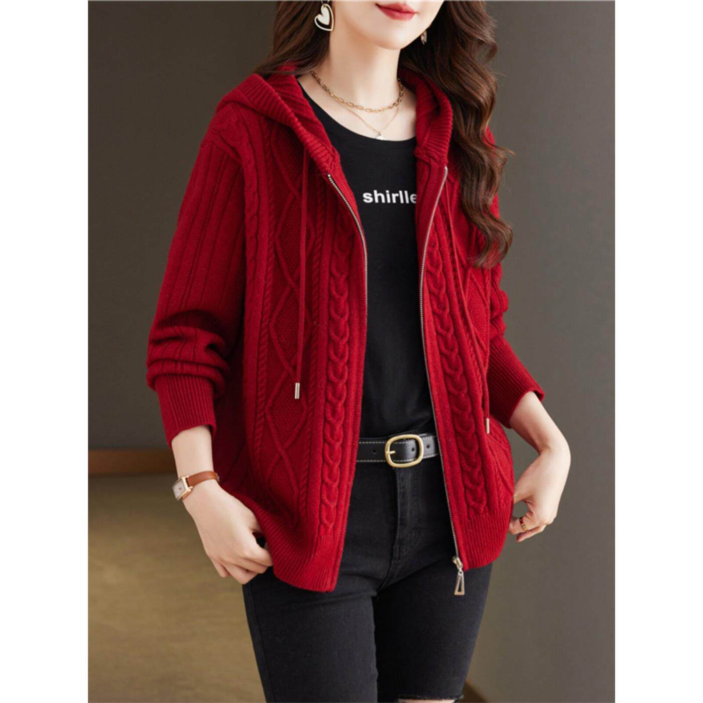 帽衫女2025年春秋针织卫衣女连帽短款拉炼麻花毛衣开衫棒球服外套