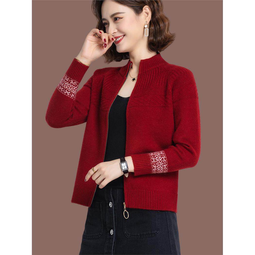 酒红色短款毛衣外套女2025新款春秋洋气妈妈装外搭半高领针织开衫,女装/女士精品,中老年女装,淘宝优惠券,粉丝福利购,淘宝优惠卷