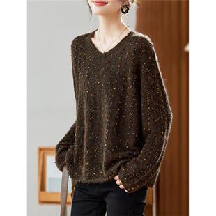 2025秋冬款v领重工细闪亮片毛衣女洋气时髦宽松点子纱针织衫上衣