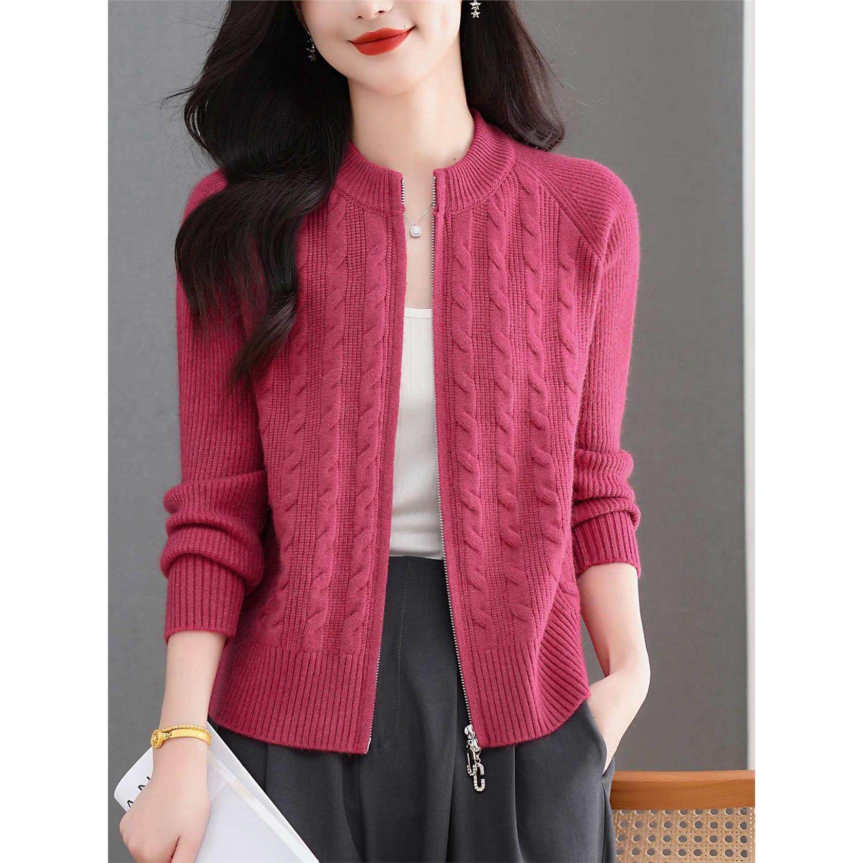 2025年早秋拉炼立领绞花粉色针织开衫女宽松显瘦长袖时尚毛衣外套,女装/女士精品,毛针织衫,淘宝优惠券,粉丝福利购,淘宝优惠卷