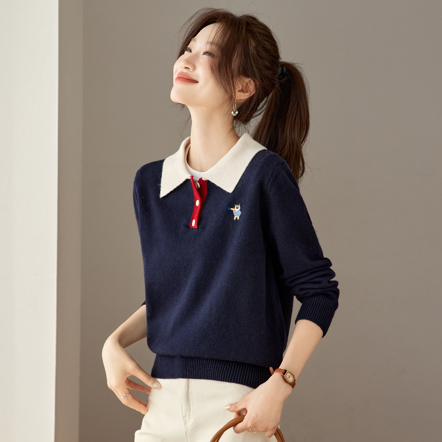 2025秋冬季撞色翻领针织衫女套头polo领毛衣宽松刺绣减龄打底上衣,女装/女士精品,毛衣,淘宝优惠券,粉丝福利购,淘宝优惠卷