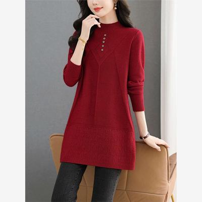 中长款半高领红色毛衣女士秋冬2025新款洋气遮屁股中年针织打底衫