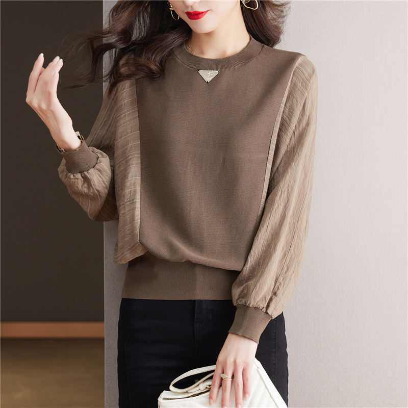 早秋雪纺拼接针织衫女蝙蝠袖春秋2025薄款圆领套头欧货假两件上衣