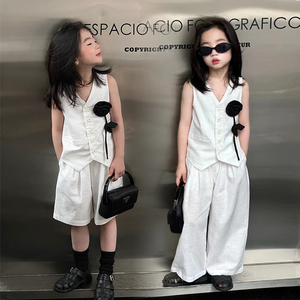 女童西装马甲套装夏季白色洋气时髦小女孩模特t台走秀时尚潮服酷