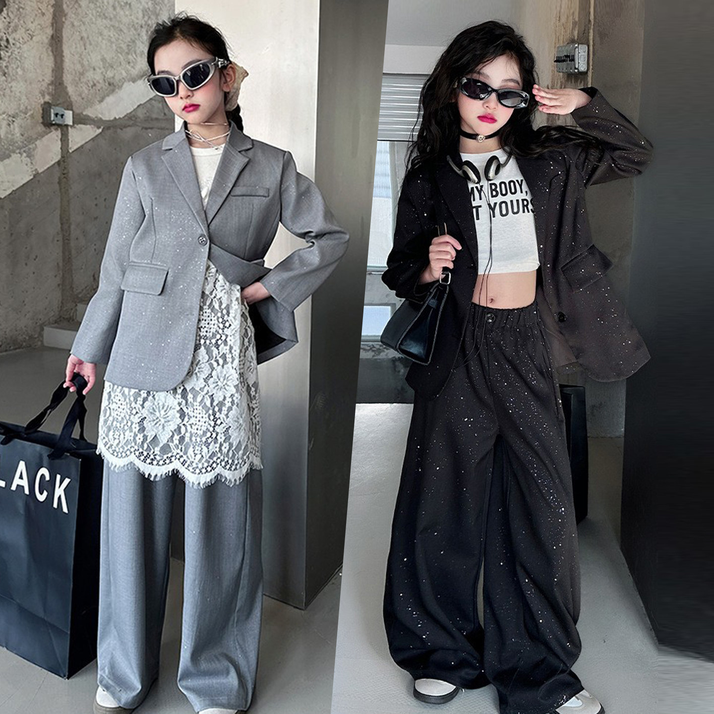 女童西装套装2026新款洋气女孩闪亮西服宽松儿童模特走秀时尚潮服