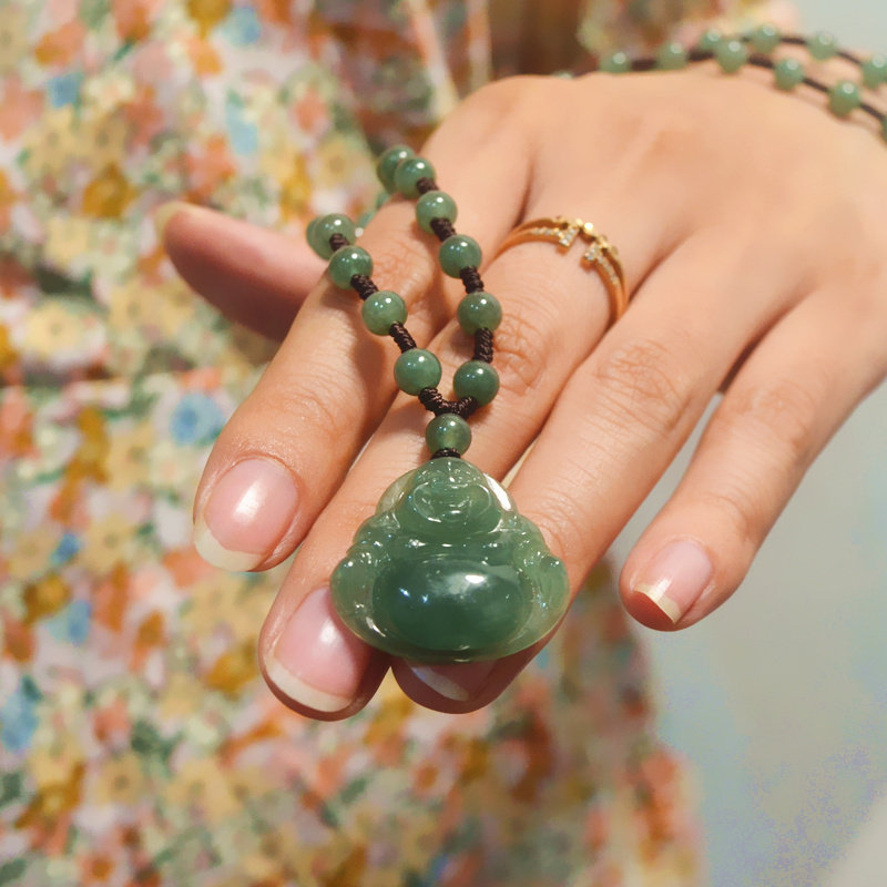 天然A货缅甸翡翠玉佛项链吊坠女款玉坠笑佛公圆形玉珠项链编制