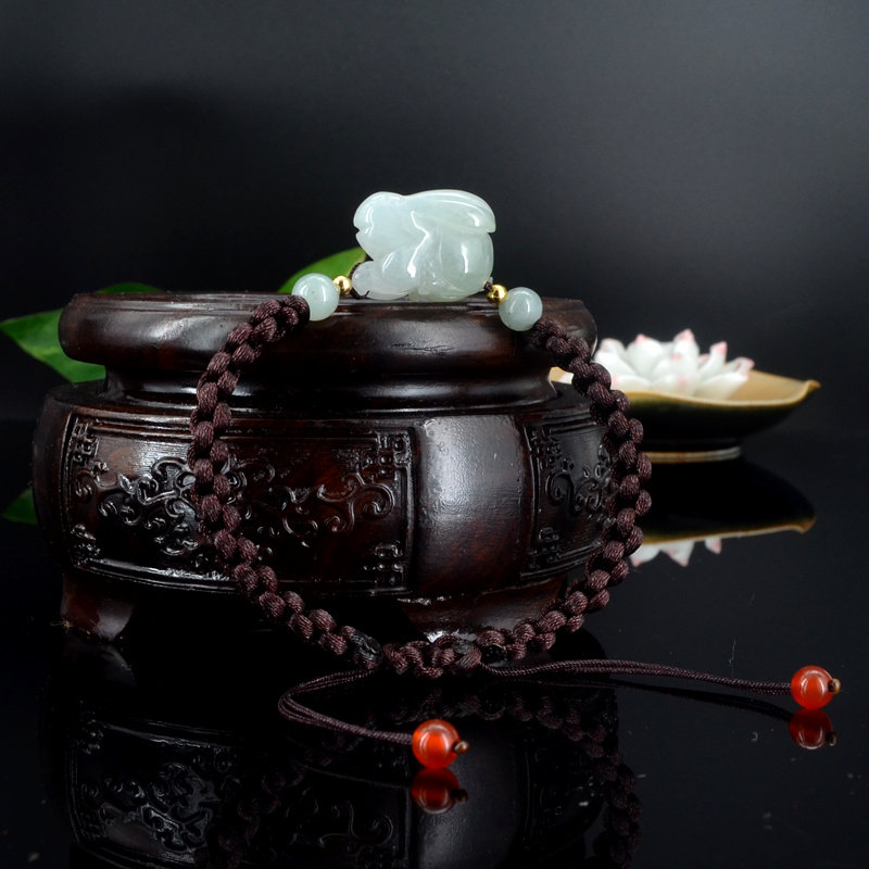 天然a货翡翠兔手串A货缅甸玉兔手链立体生肖小兔手工编制手串1222