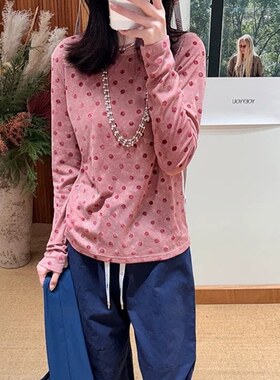 粉嫩又可爱！  波点植绒长袖打底  圆领防晒T恤  春夏tee