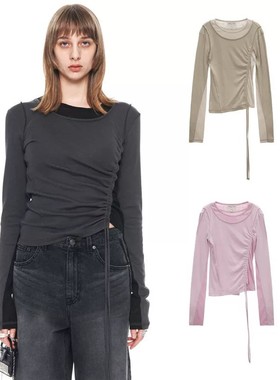 断码清仓~韩国小众RR抽绳褶皱修身长袖打底衫女圆领套头上衣潮