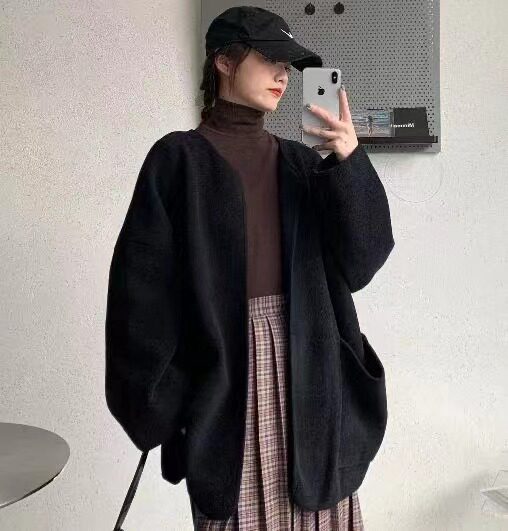 2026年春季新款圆领无扣珍珠绒针织大衣开衫外套女蓝粒绒女款外穿