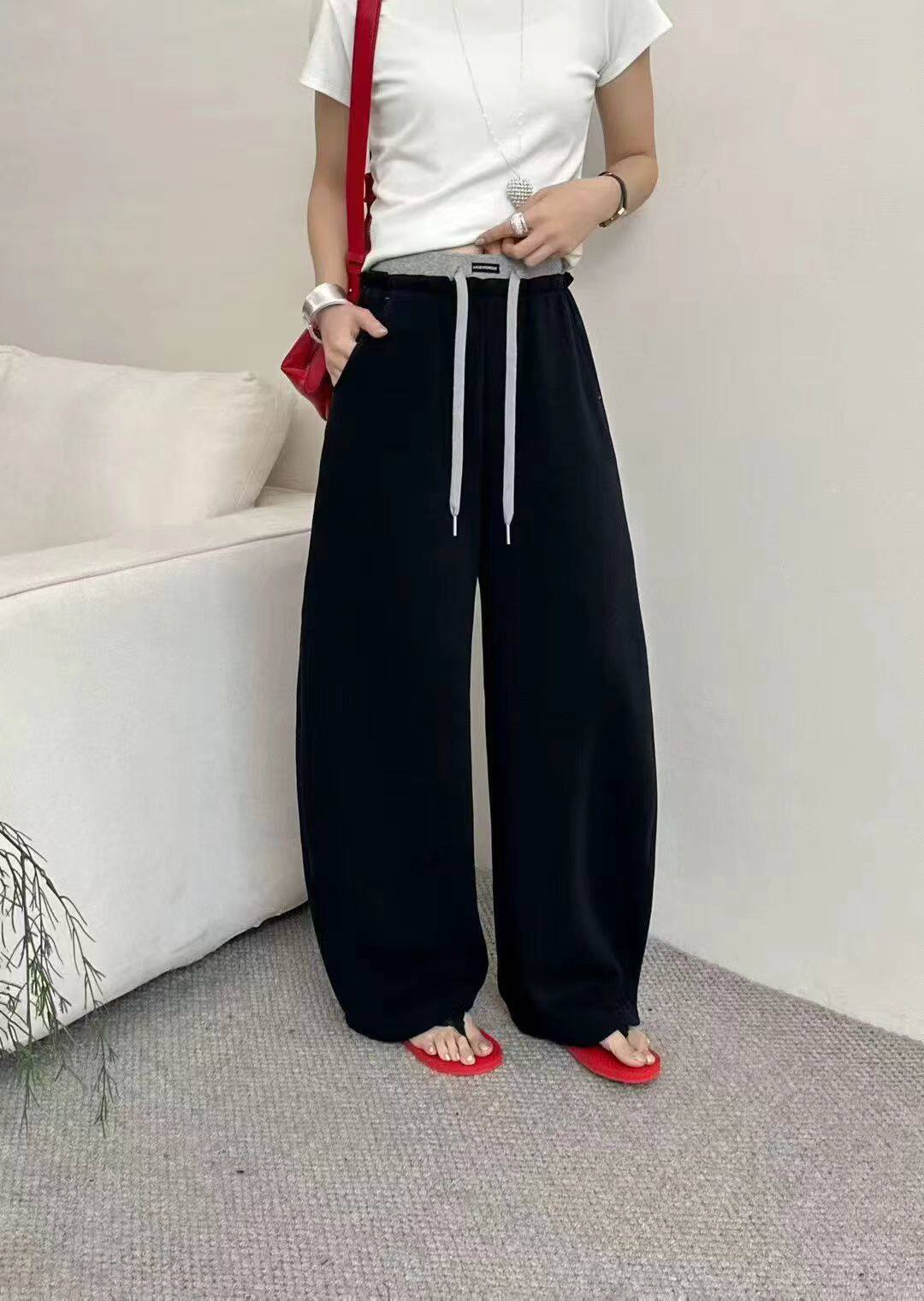 2026春季新款喜大东韩版宽松显瘦休闲裤女高腰撞色直筒阔腿长裤