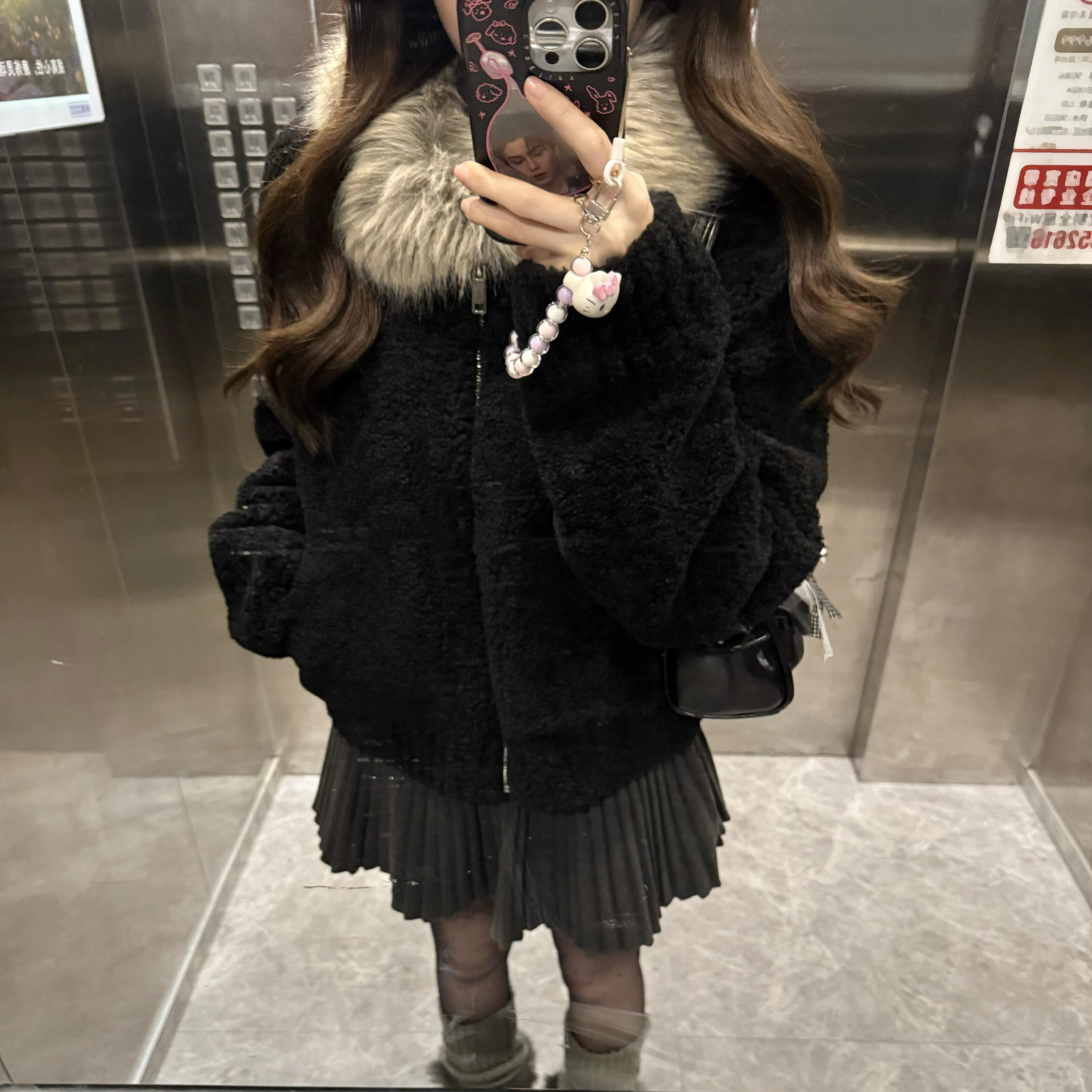 CEEYOU 定染毛领小颗粒羊羔毛外套冬黑色毛毛冬装2025新品