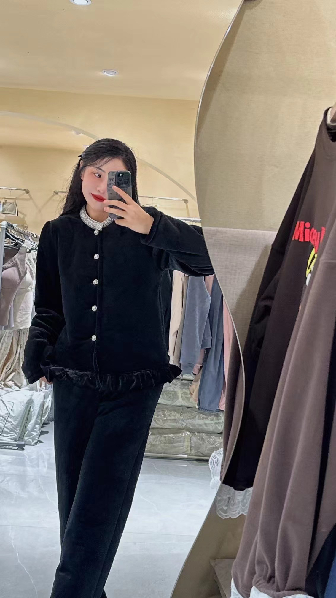 黑色丝绒小香风套装女冬季家居服套装裙子加绒加厚可过冬