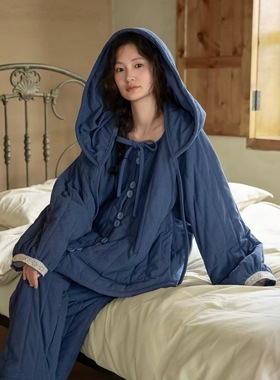 睡衣女冬季新款三层夹棉袄蓝色简约加厚家居服可外穿套装