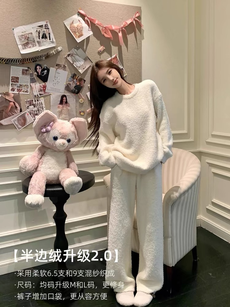 半边绒睡衣女秋冬季2025新款加厚珊瑚绒毛衣套装加厚家居服