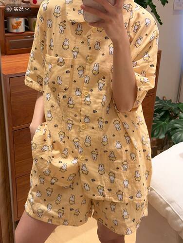 日系米菲兔云朵棉睡衣女夏季短袖薄款套装网红可爱卡通黄色家居服