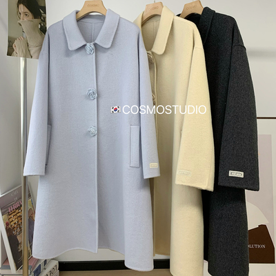 韩系气质~针织花花扣羊毛大衣