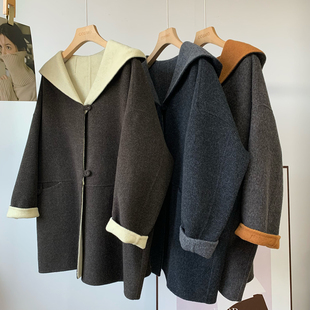 韩国东大门撞色连帽大翻领双面羊毛呢子大衣外套女宽松2025冬季 新