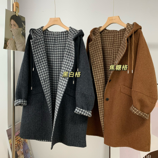 新款 欧洲站撞色格子双面羊毛呢子大衣外套女中长款 2025冬季